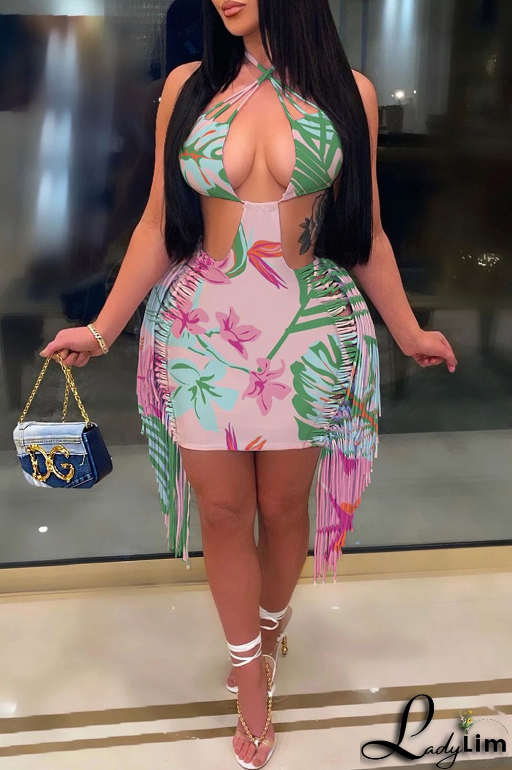 Pink Sexy Print Tassel Bandage Backless Halter One Step Skirt Dresses