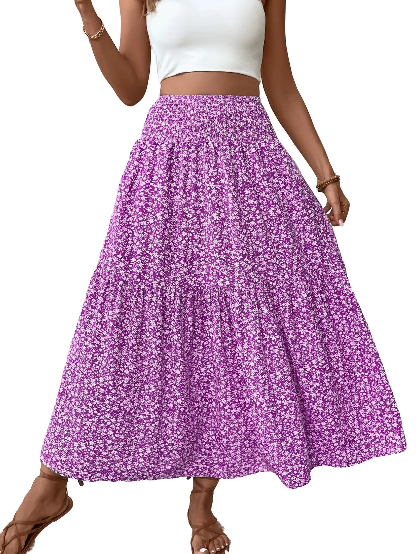 Women's Ditsy Floral Vintage Casual Vacation Layered A-Line Skirt, Elegant Long Skirt for Spring & Fall, All over Print Fitted Style