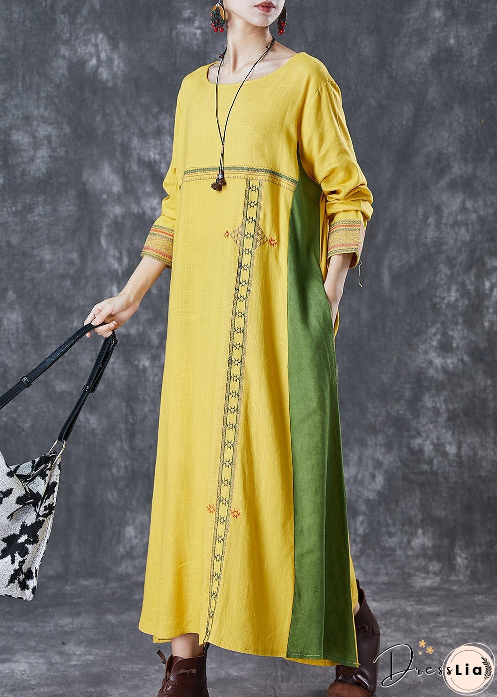 Modern Yellow Embroideried Patchwork Linen Maxi Dresses Spring