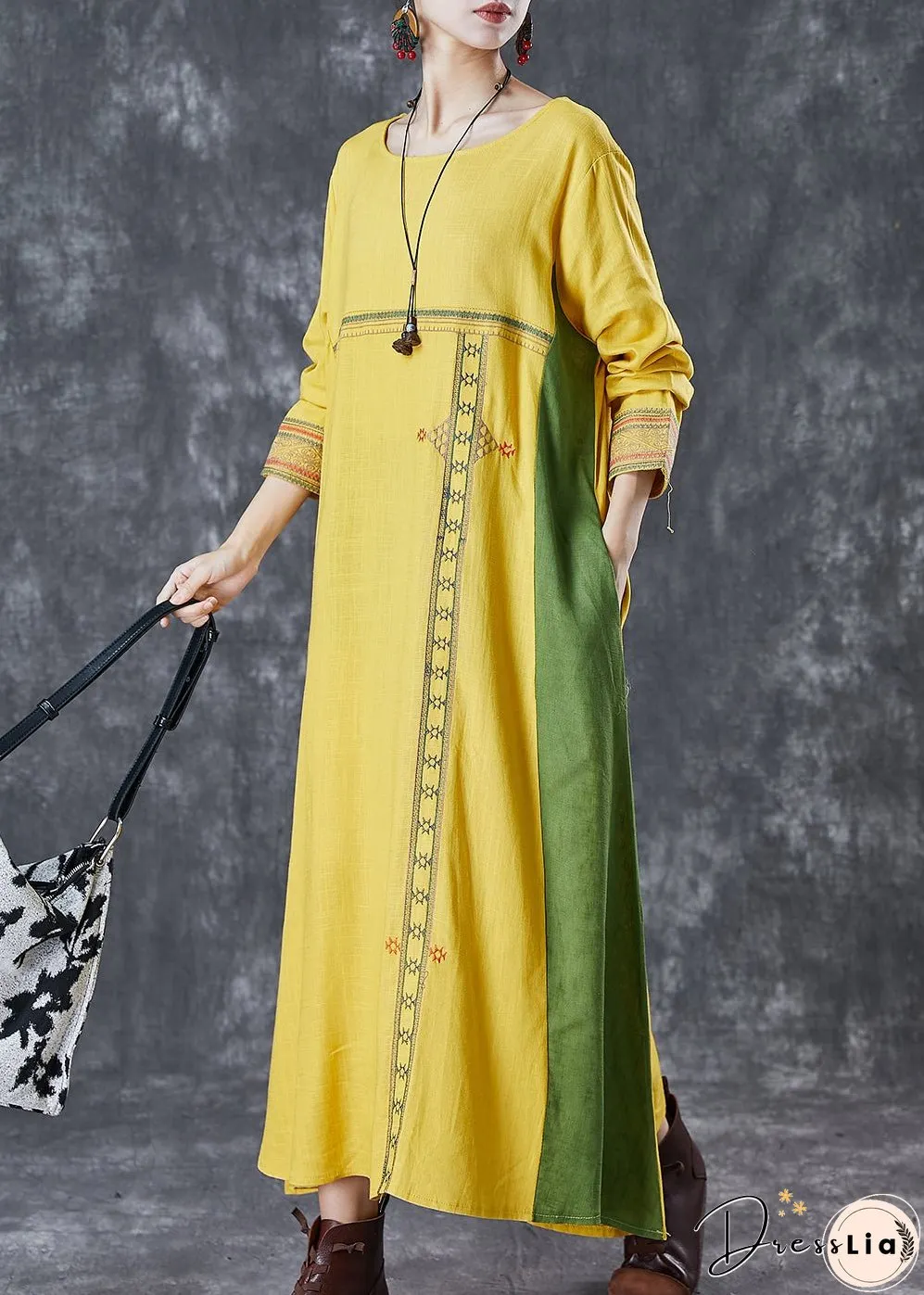 Modern Yellow Embroideried Patchwork Linen Maxi Dresses Spring