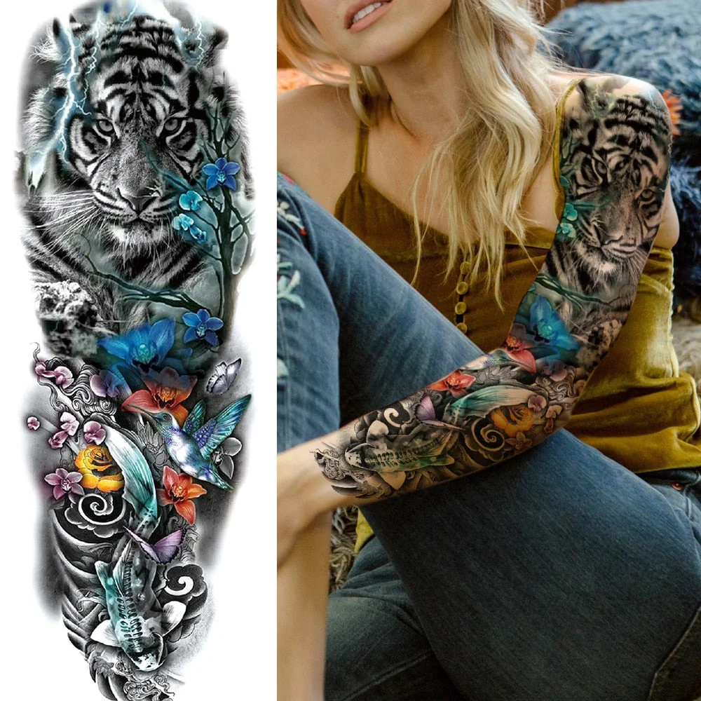 Sexy Long Full Arm Rose Clock Temporary Tattoos For Men Women Tatoo Body Leg Art Makeup Large Tiger Flower Fake Tattoo Stickers