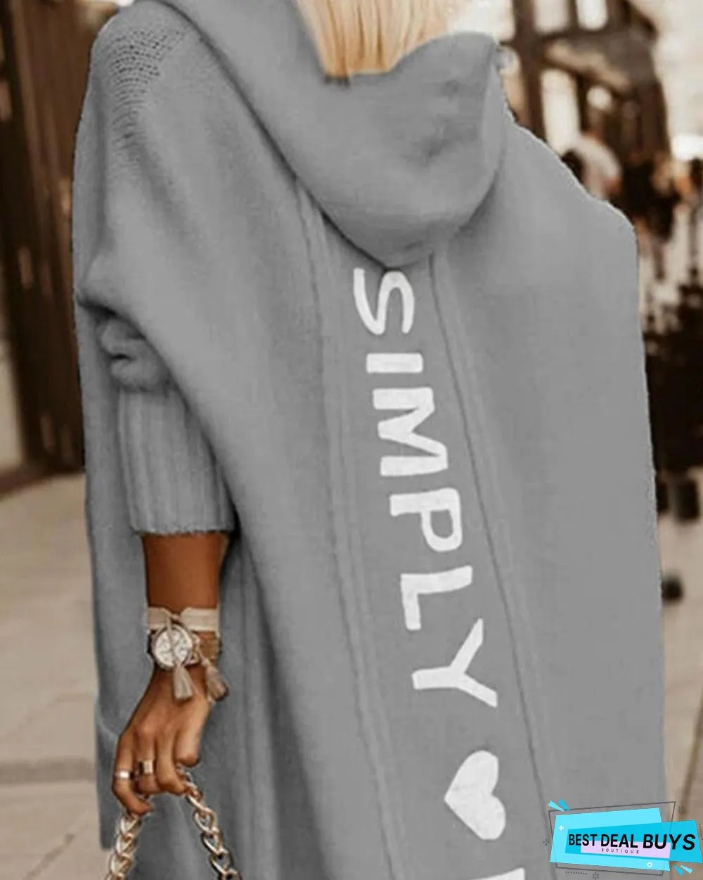 Letter Heart Print Long Line Hooded Cardigan