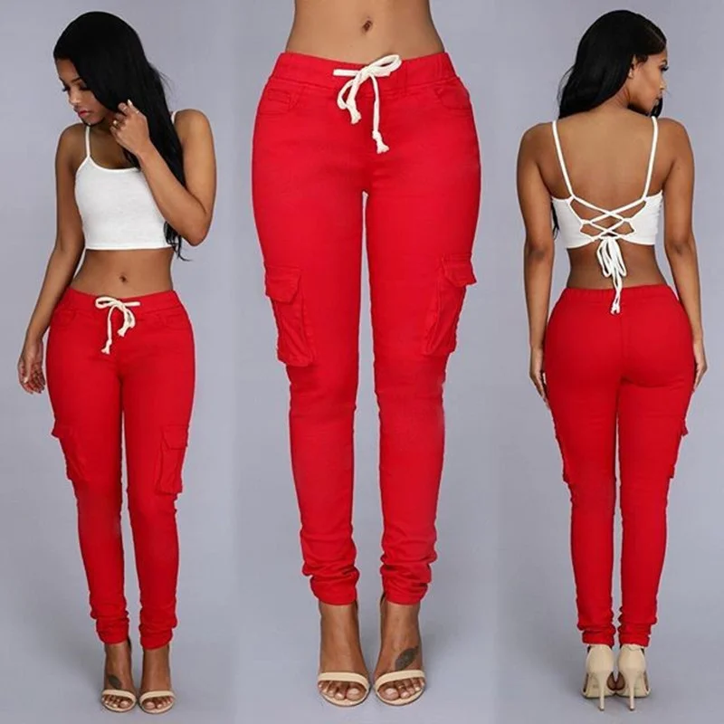 Women's Multi-pocket Drawstring Lace Ladies Casual Pants