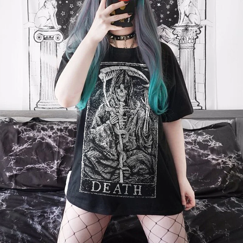 Retro Death Skull Printed Women's T-shirt -  