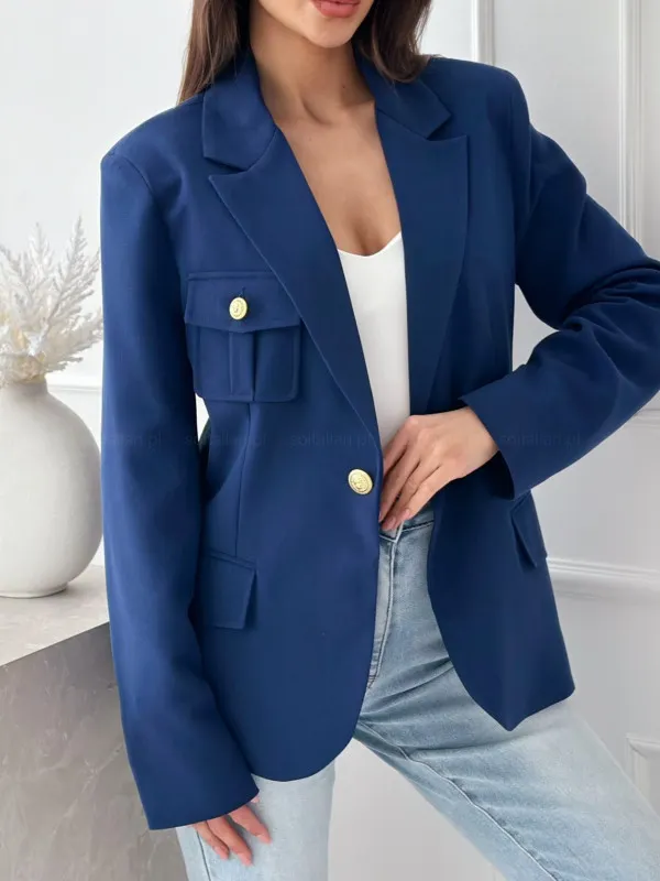 Women Solid Color Notched Lapel Gold Buttons Blazer 