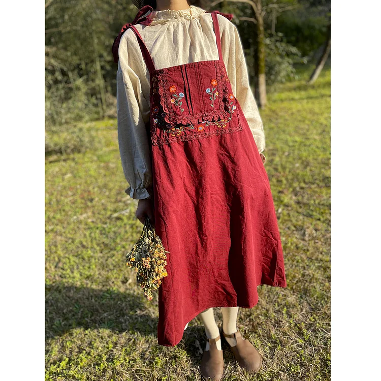 Queenfunky cottagecore style Vintage Red Embroidered Pinafore Dress QueenFunky