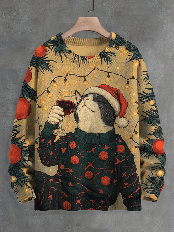 Men's Christmas Eve Cat Drinks Red Wine Print Knit Sweatshirt