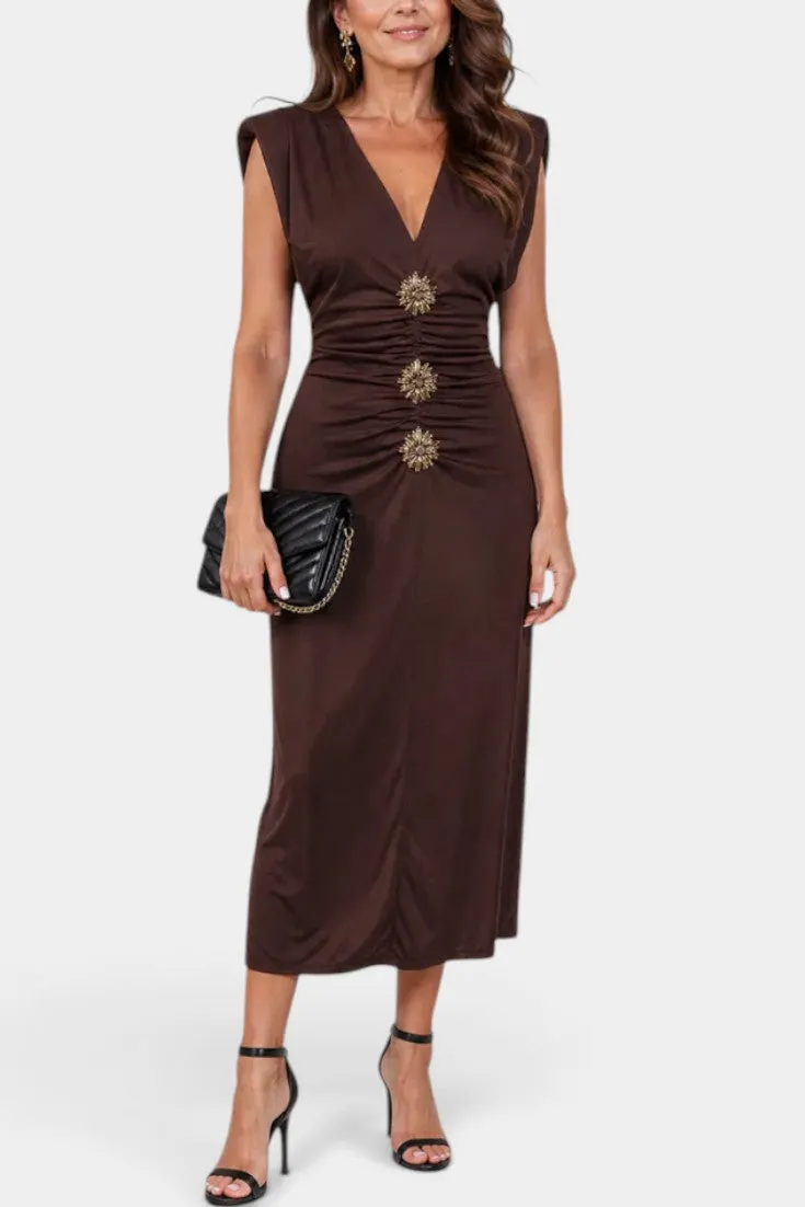 V-Neck Ruched Midi Dress with Ornate Buttons