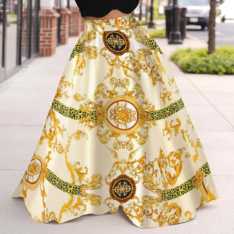 2022 VONDA Autumn Summer Party Long Maxi Skirt Women Casual Elastic Waist Skirt With Pockets Femininas Vintage Printed Skirts