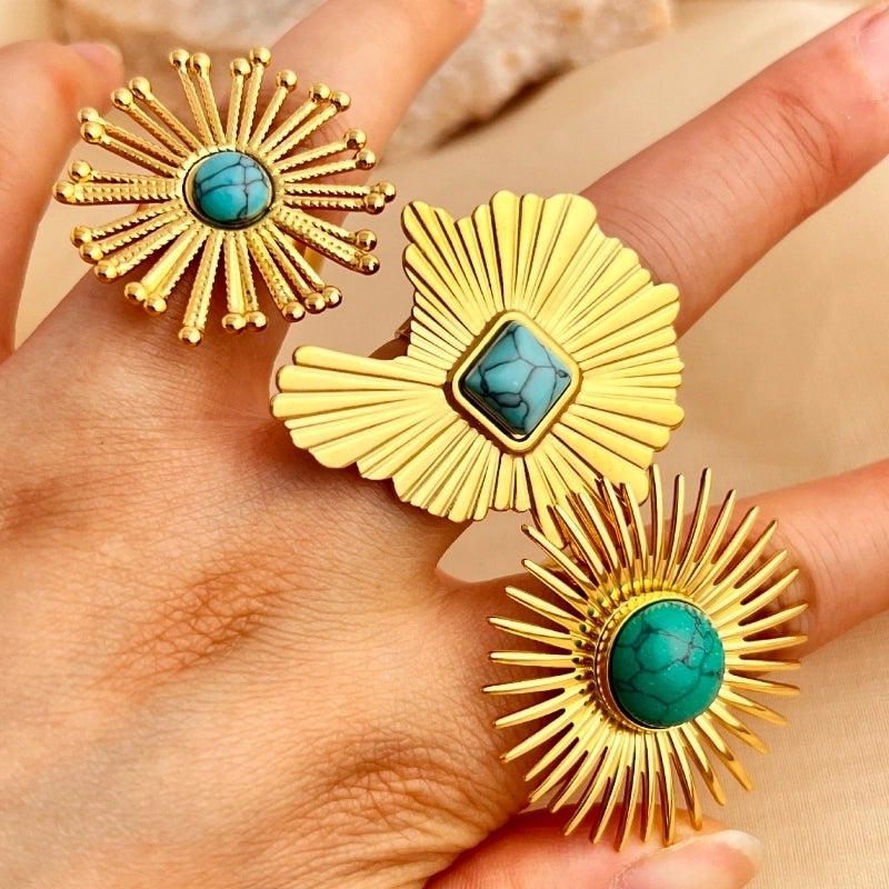 Casual Retro Minimalist Sun 304 Stainless Steel Turquoise 18K Gold Plated Inlay Open Rings