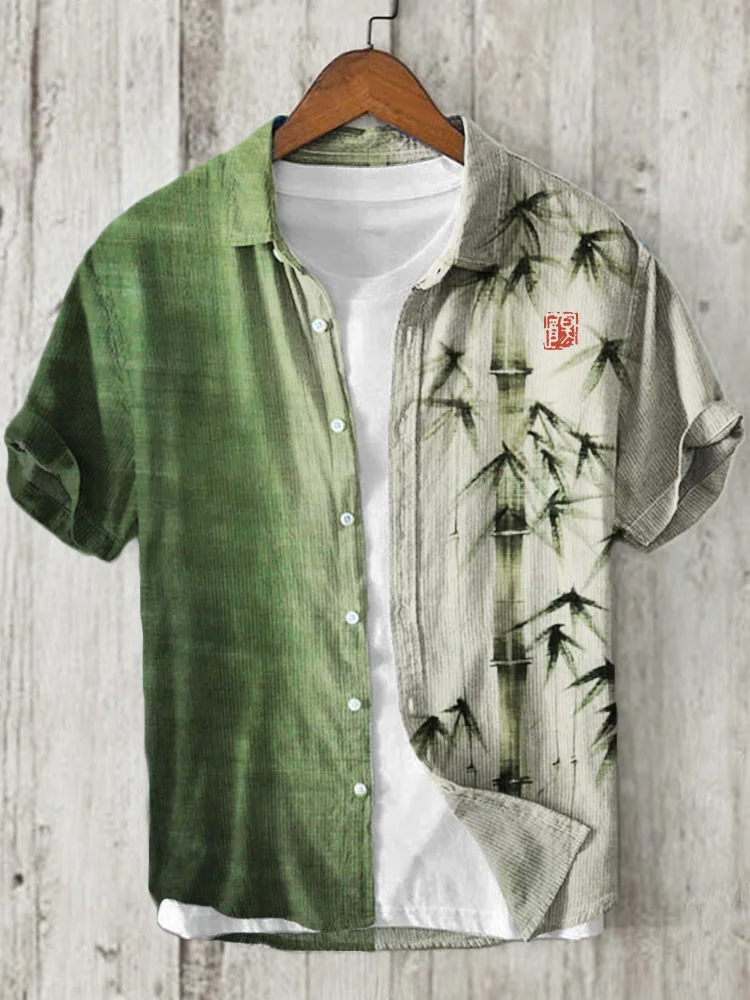 Bamboo Japanese Art Contrast Linen Blend Shirt