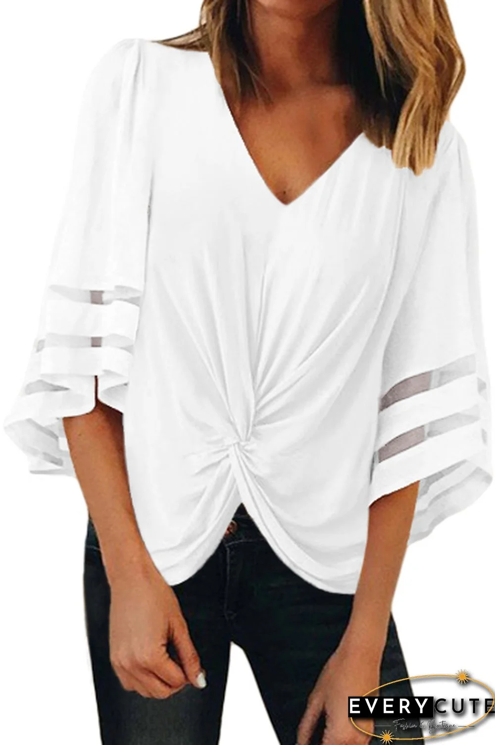 White V Neck Flared Sleeve Twisted Detail Loose Blouse