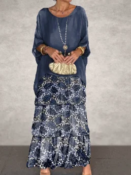 Women's chiffon elegant loose blue printed skirt two piece set socialshop