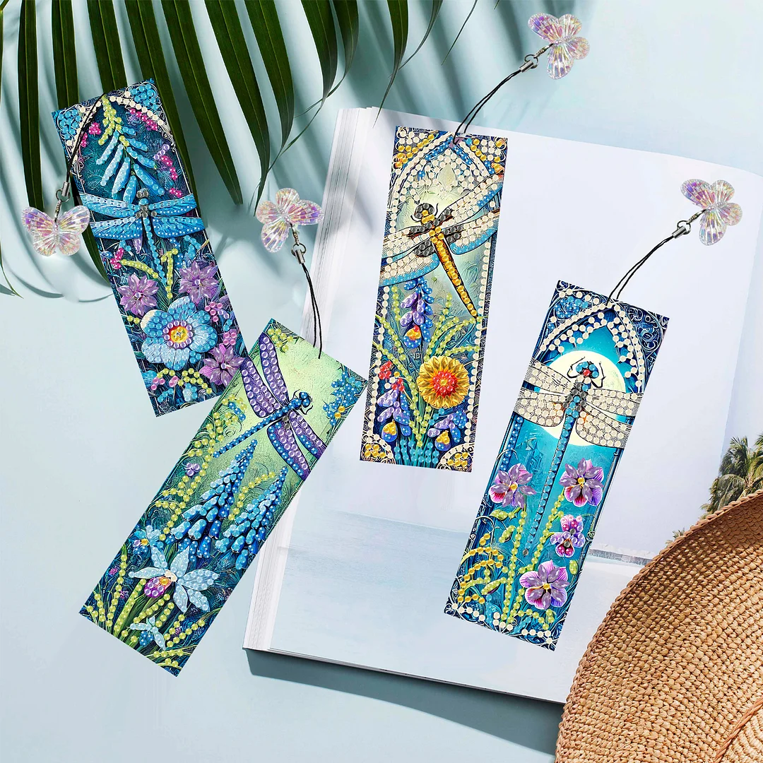 12Pcs Dragonflies Flowers DIY Diamond Art Painting Bookmark for Beginners Adult