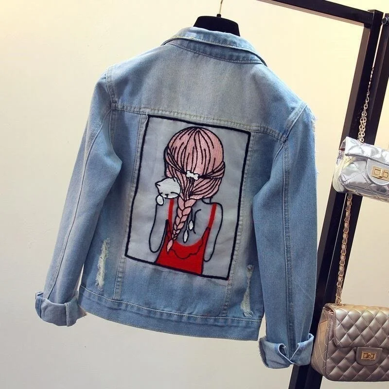 Fashion Embroidered Girl Short Loose Denim Women Jeans Autumn Jacket Coat Female Chaqueta Mujer Streetwear Large Sizes Boyfriend