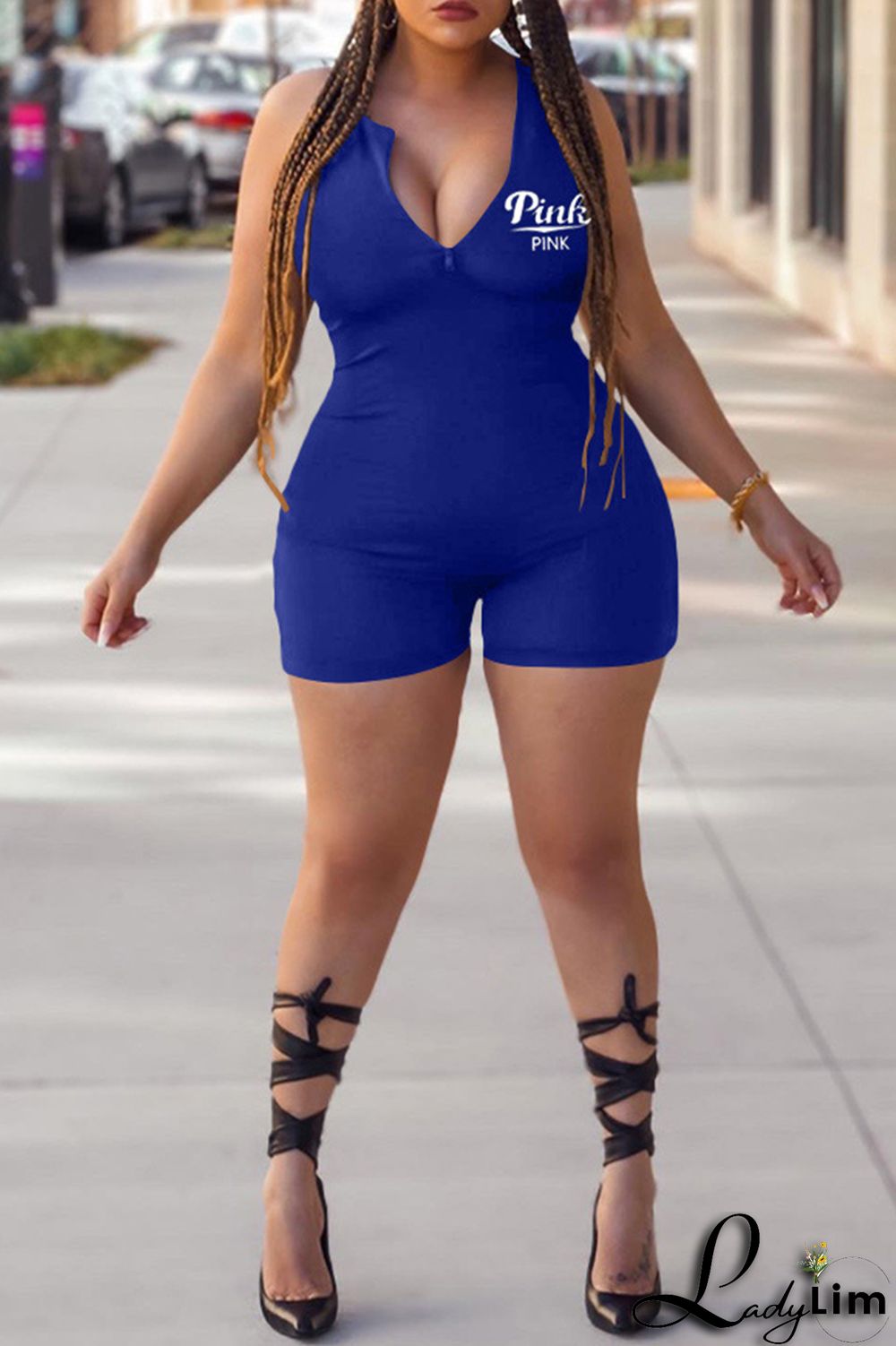 Blue Fashion Casual Letter Print Basic Zipper Collar Skinny Romper