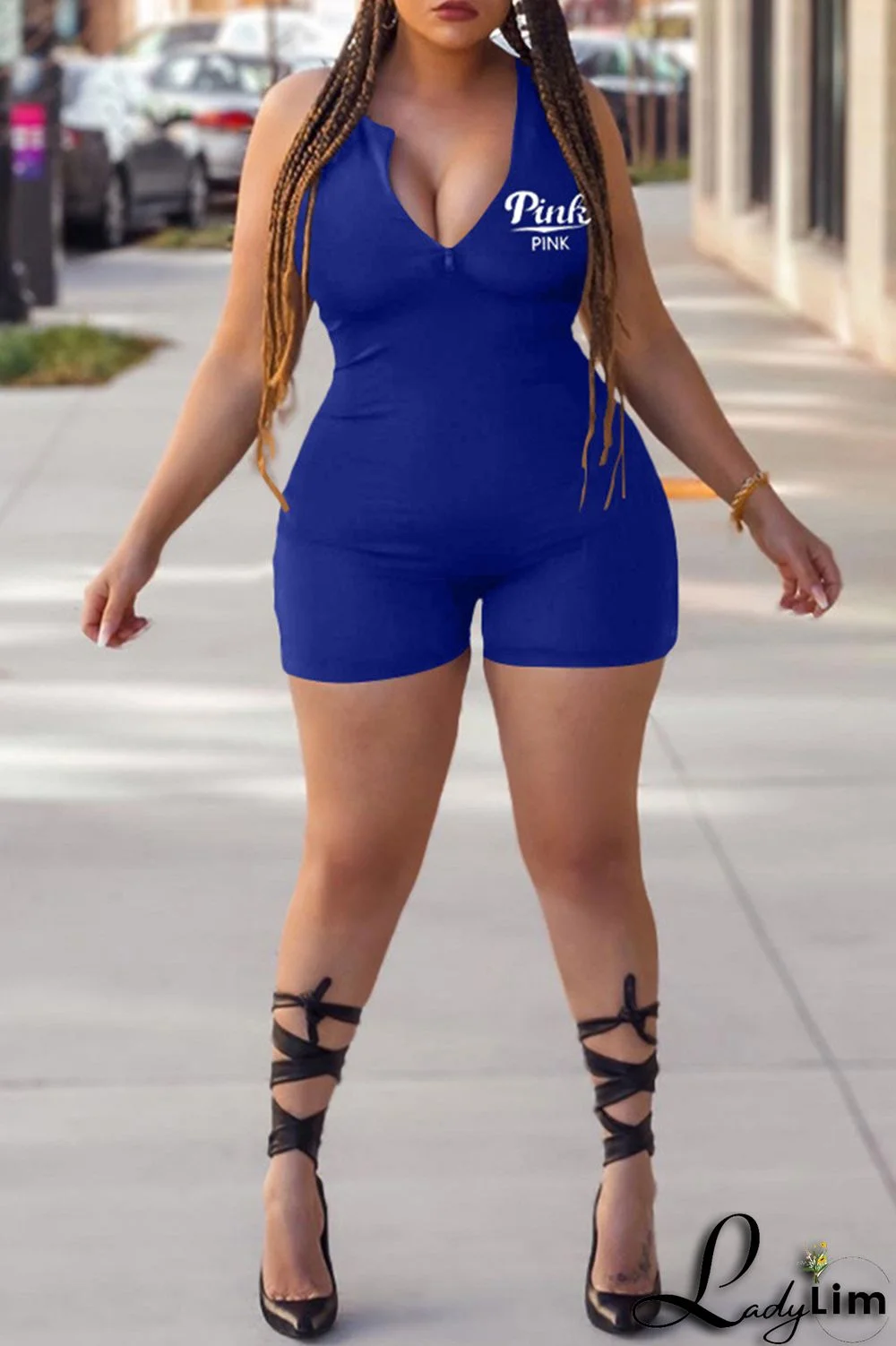 Blue Fashion Casual Letter Print Basic Zipper Collar Skinny Romper