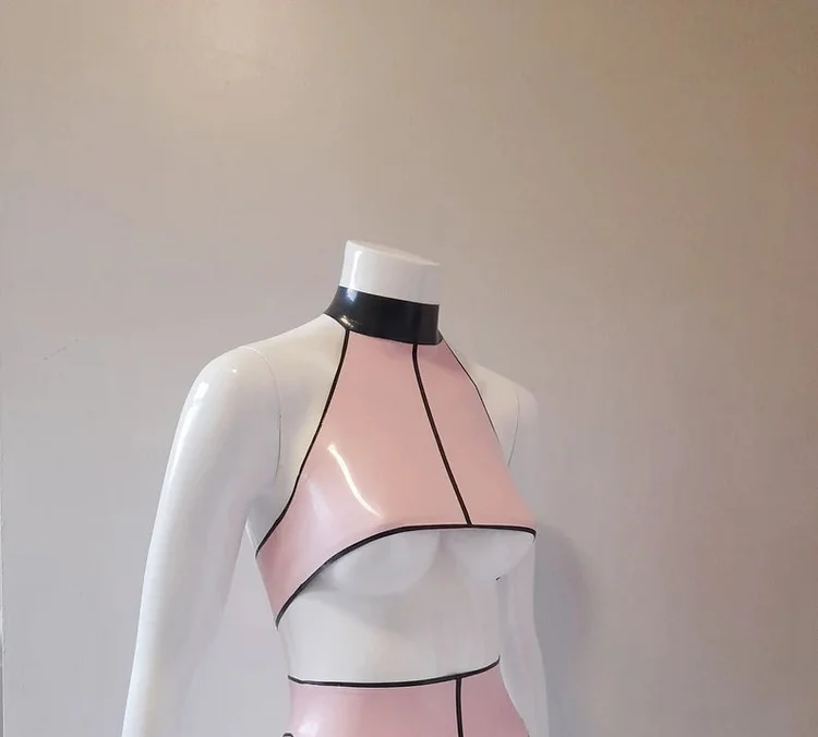 Women Latex Top Pink And Black Halter Neck 