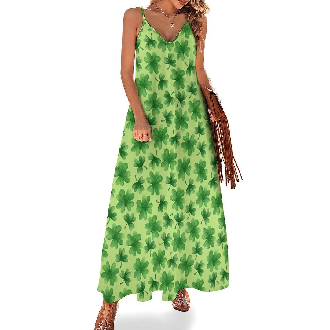 Style & Comfort for Mature Women Plus Size Printed Sling Casual Women Maxi Dress in Pattern St. Patrick's Day, Green, Clover, Lucky