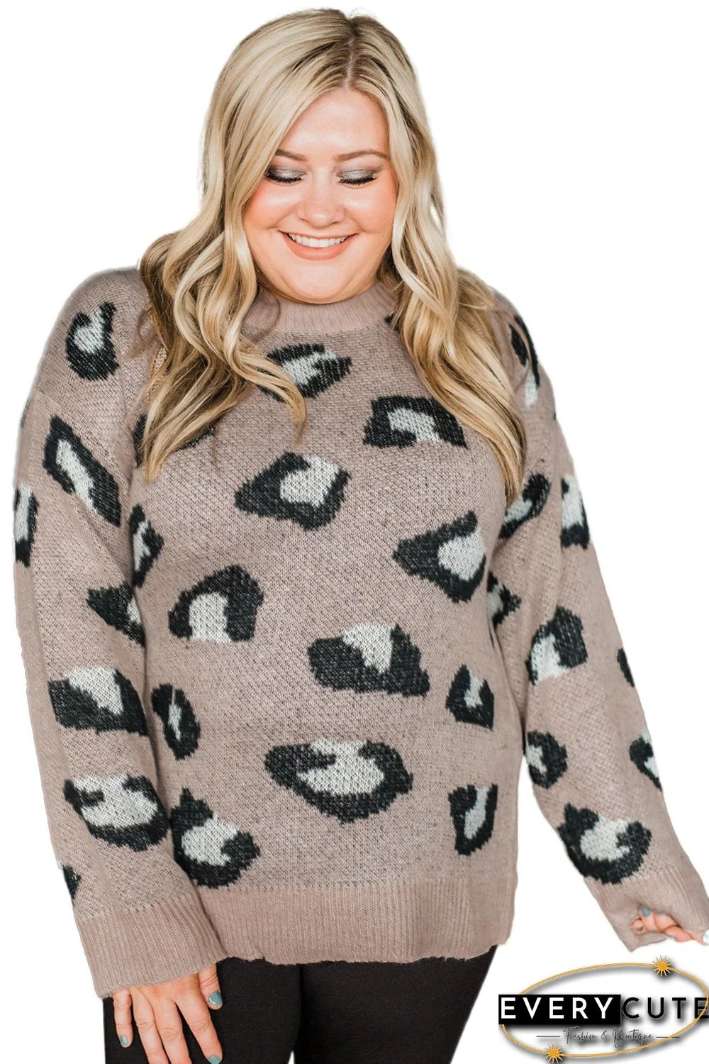 Leopard Crew Neck Knitted Plus Size Sweater