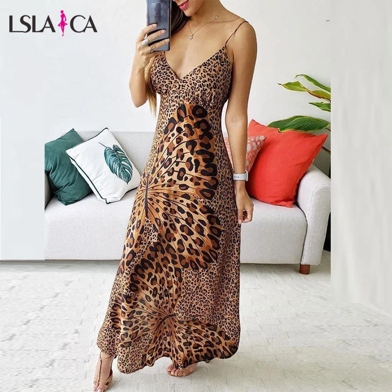 Sling Leopard Sexy Women Dress Print Butterfly  V Neck Sleeveless Maxi Chiffon  Elegant Prty Dress Beach Vestidos