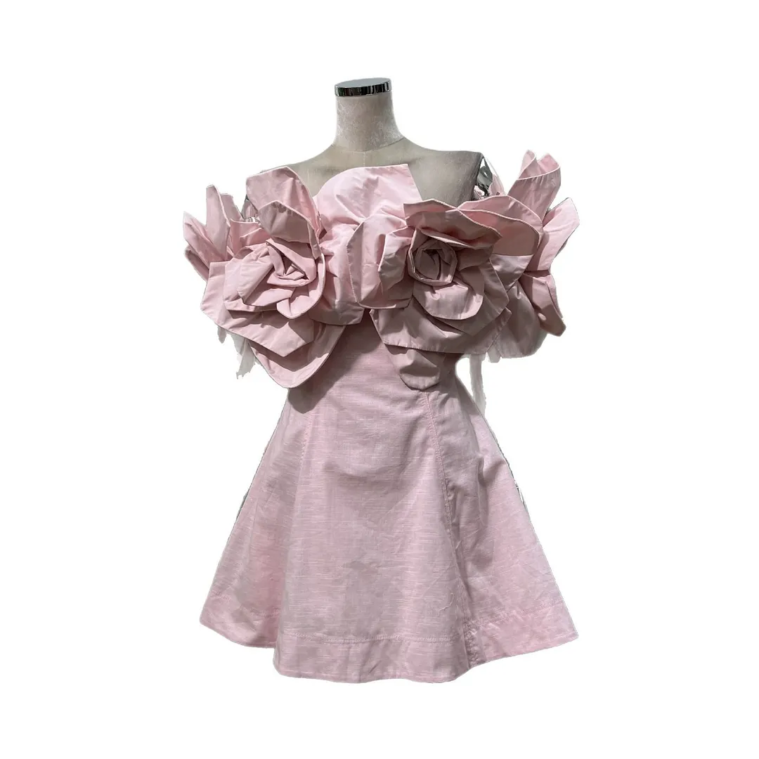 Brownm Princess Wind High-Level Ocean Party Hand Three-Dimensional Large Flowers Shoulder-To-Shoulder Chest Waist Dress Cotton Lints