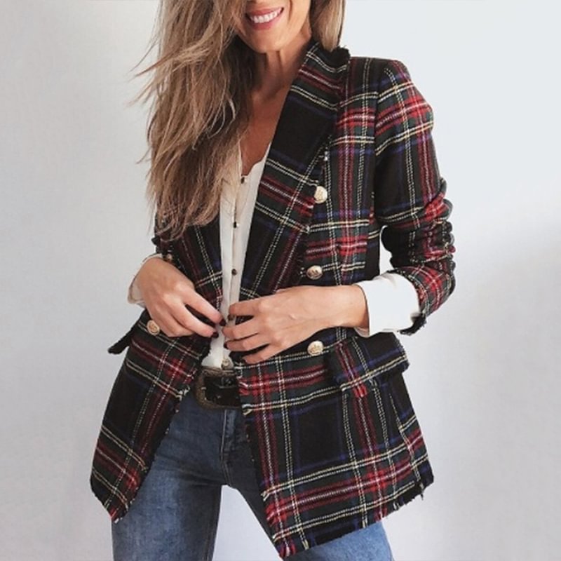 Plaid long-sleeved double-sided woolen coat