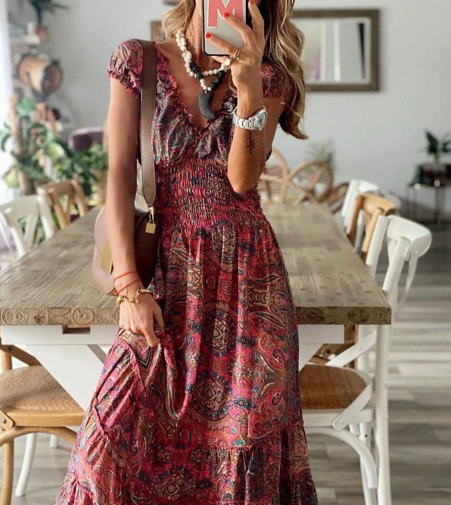 Vintage Print Short Sleeve Maxi Dress-vocosishoes