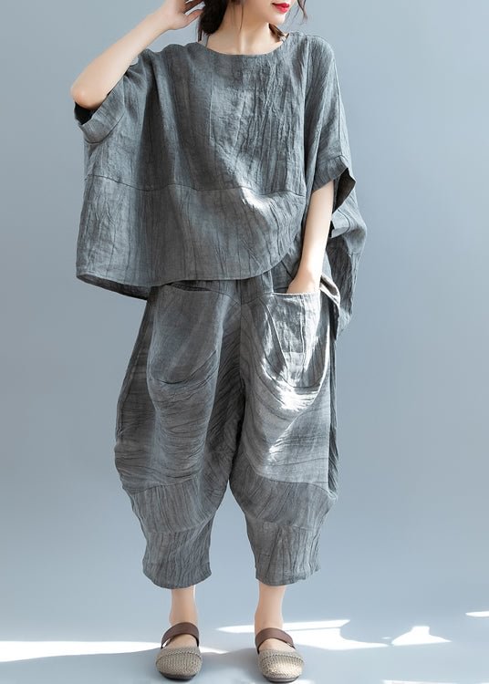 Classy Grey Asymmetrical wrinkled Linen Two Piece Set Short Sleeve CK1047- Fabulory