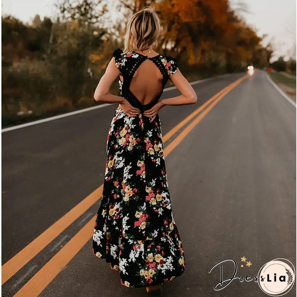 Summer Women Lace Hollow Backless Irregular Floral Long Beach Dress