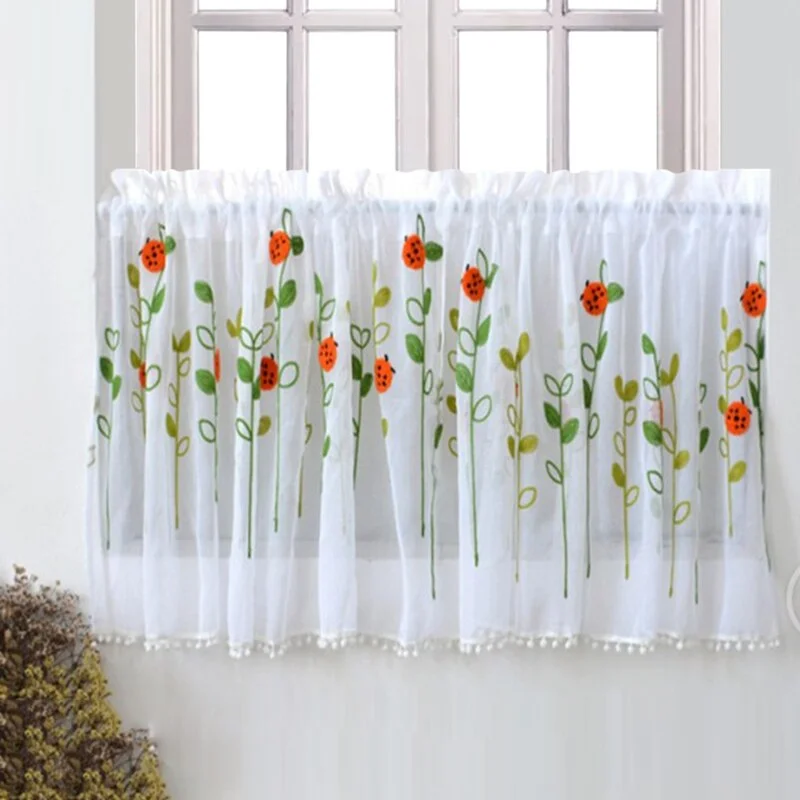 1Pc Rod Pocket Short Curtains Flower Embroidered Half-Curtain for Kitchen Door Cabinet Drape Cafe Tulle Window Panel Sheer