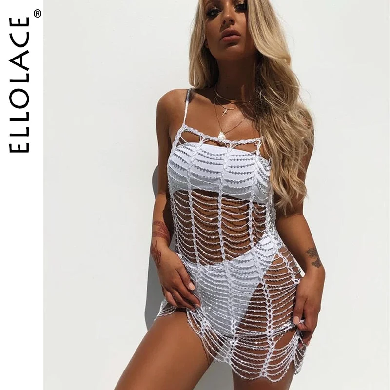 Ellolace Sexy Hollow Out Mini Dress Summer Crochet Bathing Suit Bikini Swimwear Cover Up Beach Dress Hollow Out One Piece Tops
