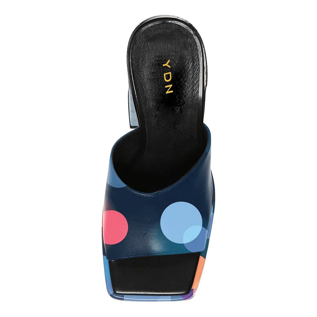 Blue Vegan Leather Square Toe Colorful Printed Inlay Block Heel Mules