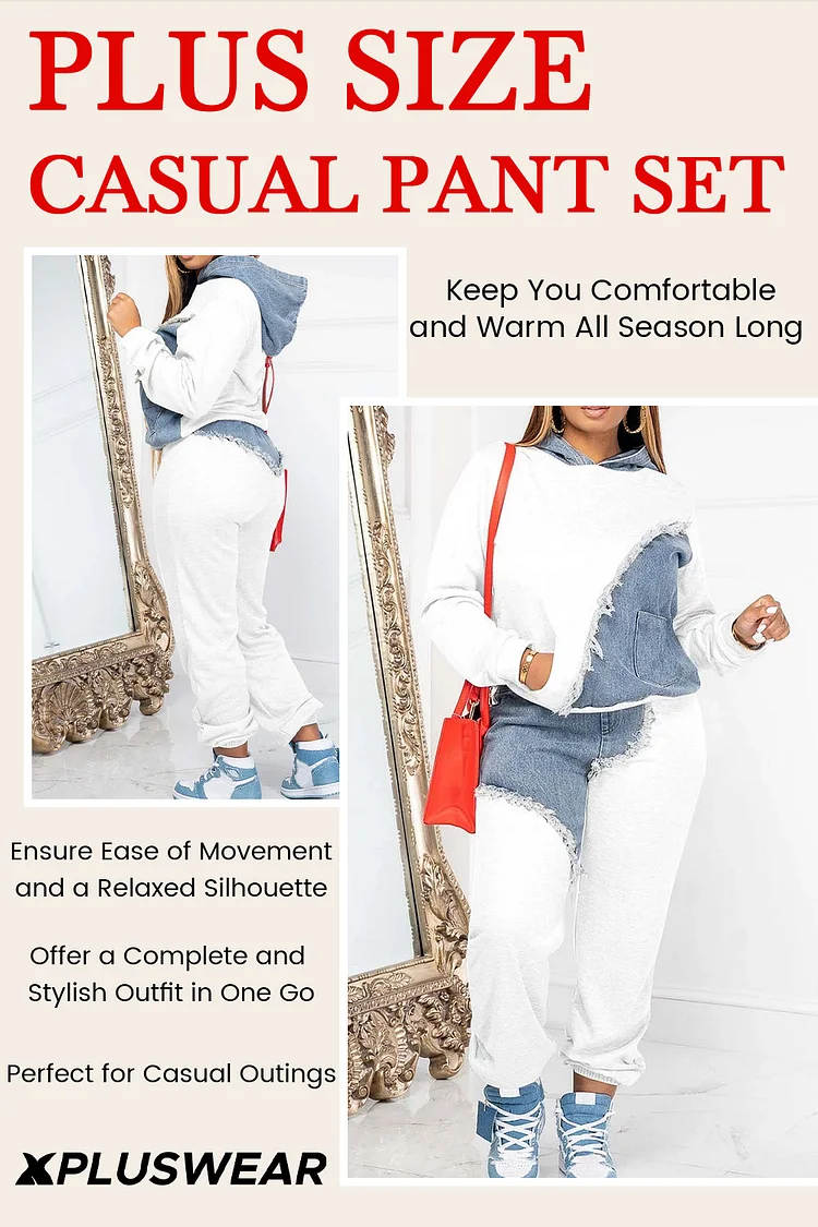Xpluswear Plus Size Casual White Colorblock Denim Patchwork With Pocket Hooded Collar Long Sleeve Two Pieces Pants Set