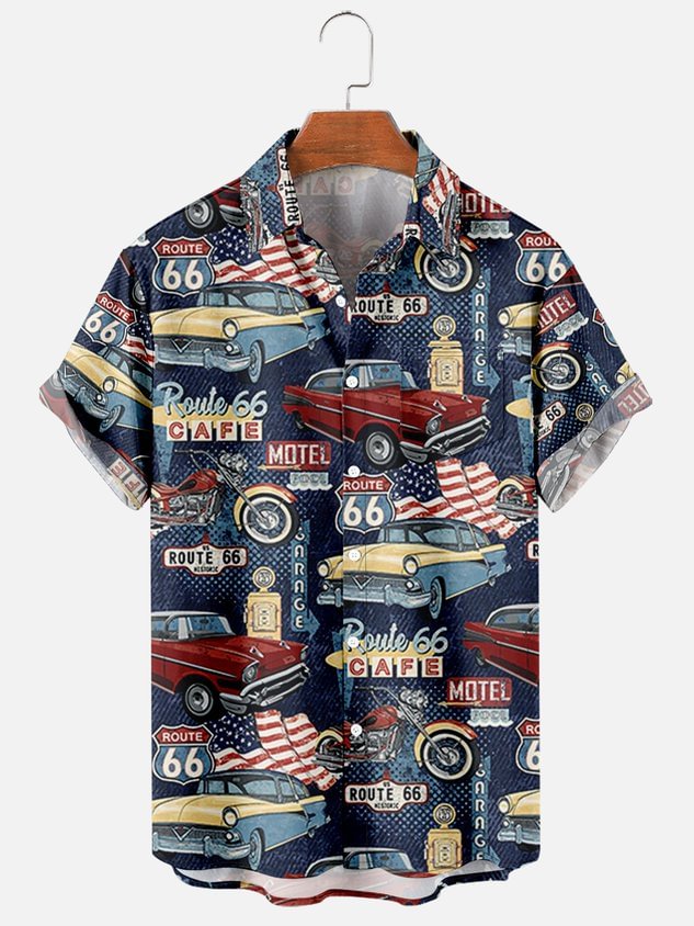 Mens Vintage Car Route 66 Print Casual Breathable Chest Pocket Short Sleeve Hawaiian Shirts