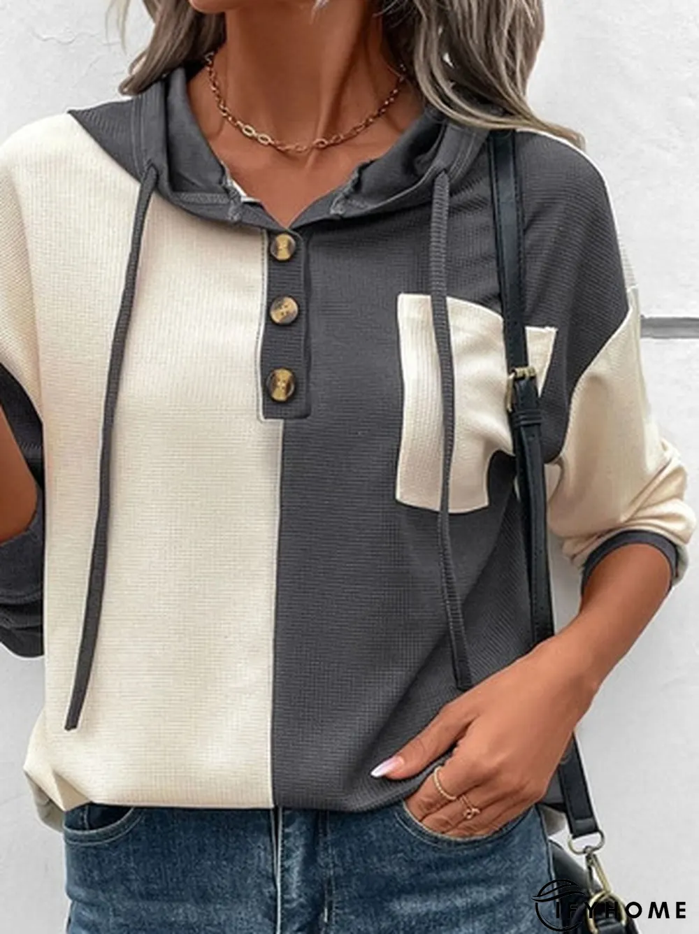 Loose Color Block Buckle Casual Hoodie Sweatshirt | IFYHOME