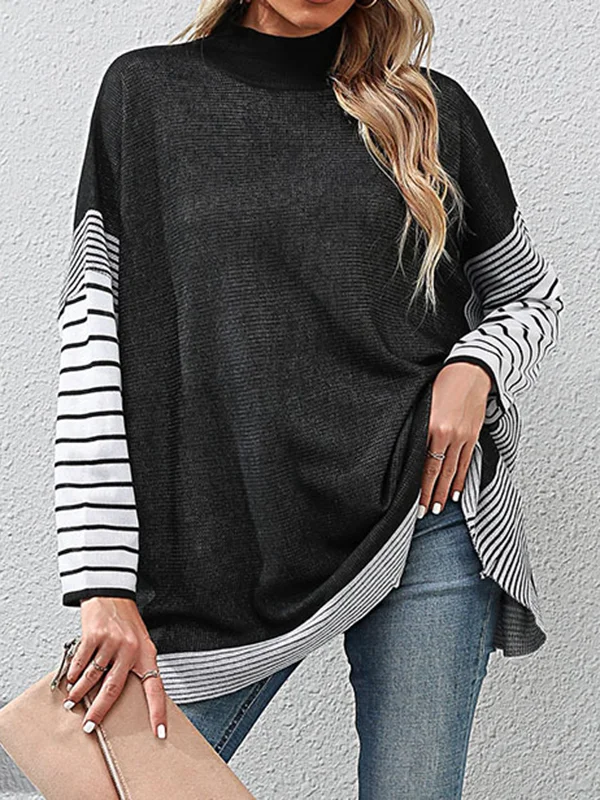 Contrast Color Striped Long Sleeves Loose Mock Neck Sweater Tops Pullovers