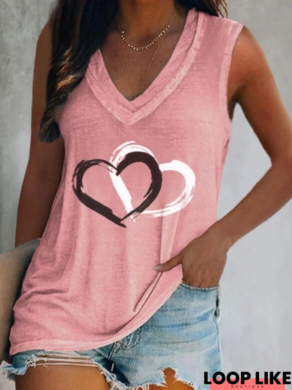 Casual Heart Sleeveless V Neck Printed Tank Tops Top Vests