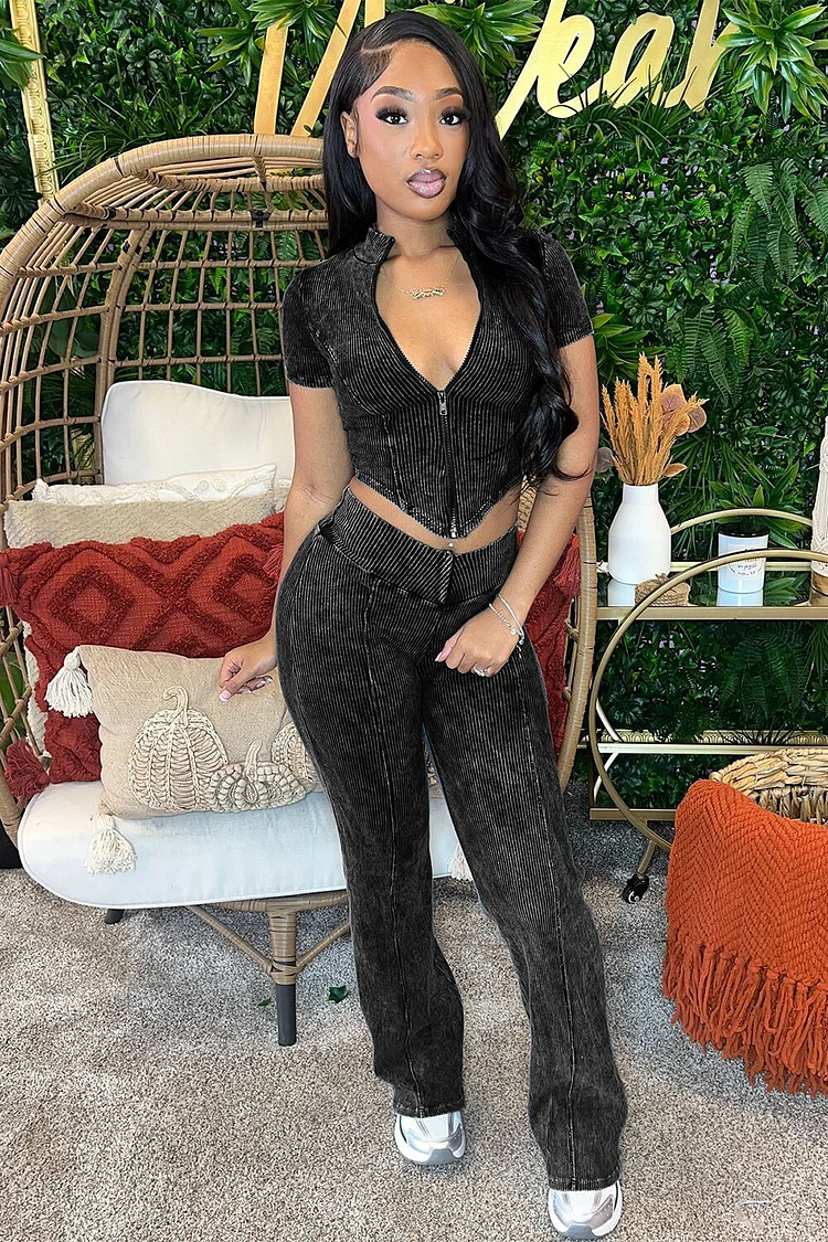 Short Sleeve Zipper Crop Top Solid Color Textured Flared Pants 2pcs Set-Black