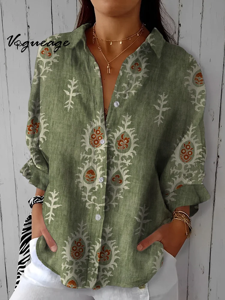 Fashion Retro Simple Plants Printed Cotton And Linen Shirt