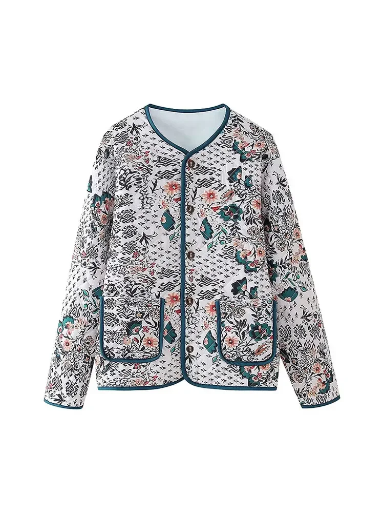 Lvpinyuan fall outfits Chic Printed Women's Single-breasted Quilted Jackets Elegant O-neck Long Sleeves Pockets Coats 2025 New Lady Fashion Outerwear