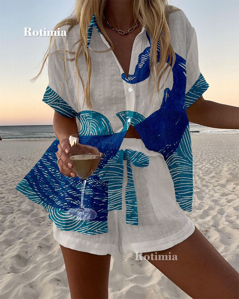Dreamy Whale Print Resort Style Two-Piece Set