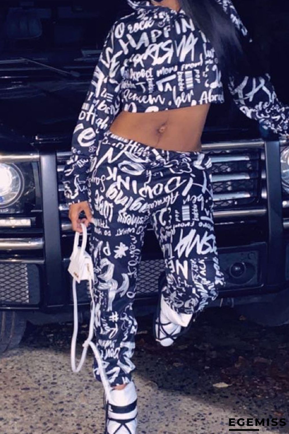 Tibetan Blue Casual Street Print Patchwork Hooded Collar Long Sleeve Two Pieces | EGEMISS