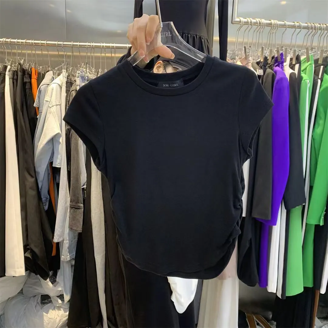 Brownm Brownm Girl Pure Want To Accept Waist T-Shirt Short Sleeve Female 2024 Summer New Solid Color Bottom Cover Slim Short Jacket Female