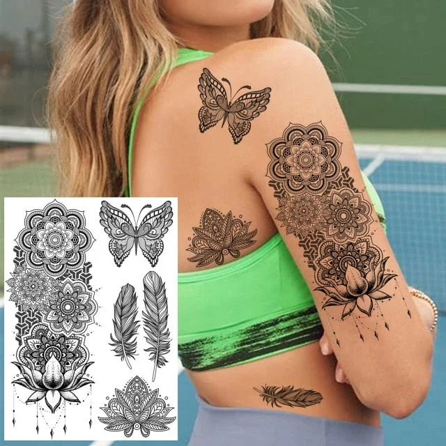 REJASKI Black Henna Lace Temporary Tattoos Sticker For WOmen Butterfly Moth Mehndi Flower Fake Tatoo Sticker Feather Flora Tatoo