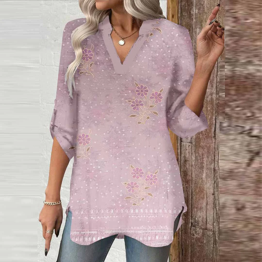 Women Floral, Bohemian, Purple DZGA0443 3/4 Sleeve V-neck Printed Graphic Button Tops