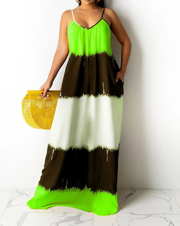 Printed Contrast Color Sling Loose Dress
