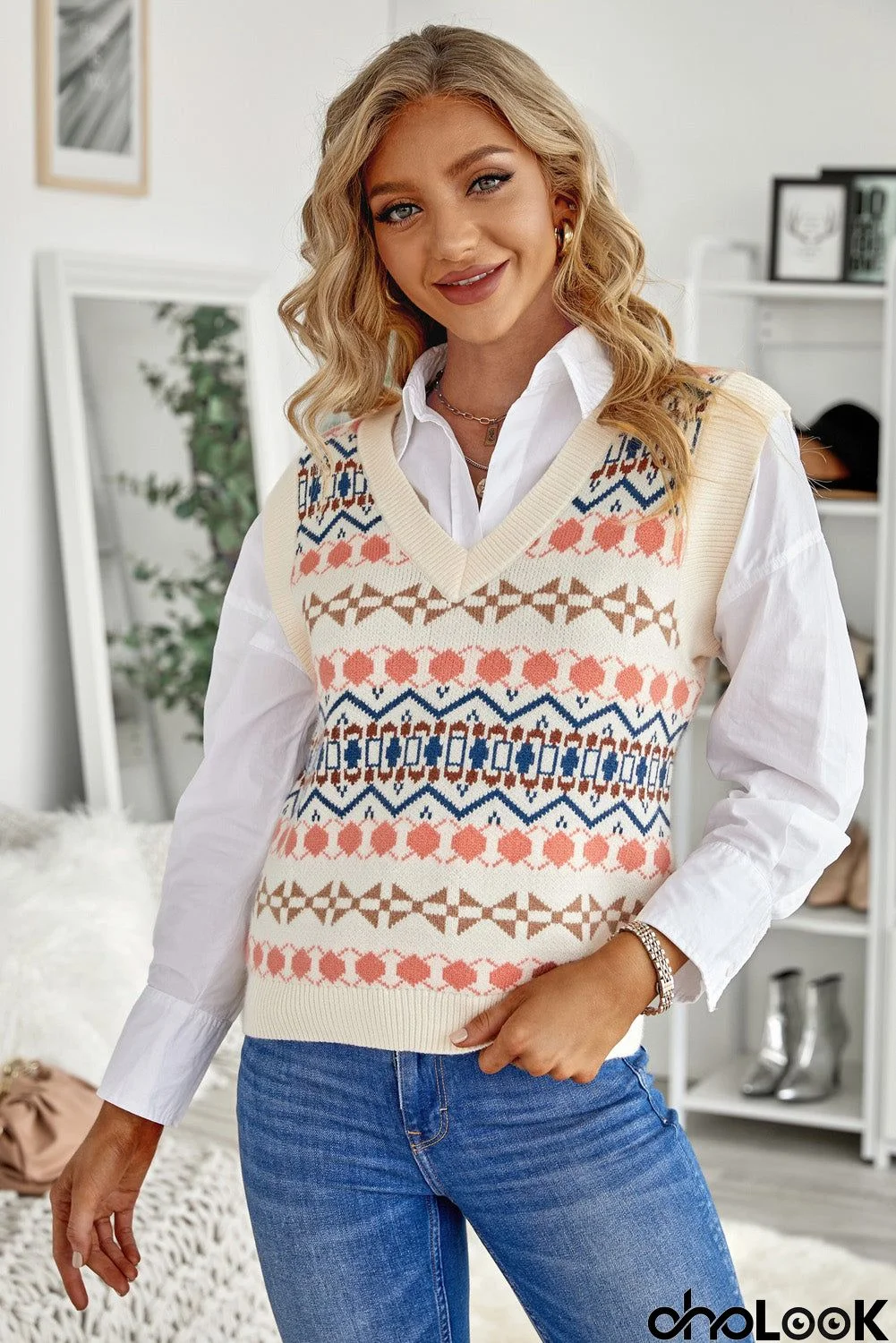 Women's White Tribal Print V Neck Knitted Sweater Vest