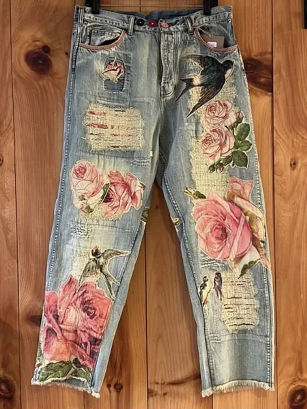 Casual Denim Floral Ripped Raw Trim Straight Leg Jeans T-Shirts& Hoodies,Custom Designs,Diverse Colors,Best Prices