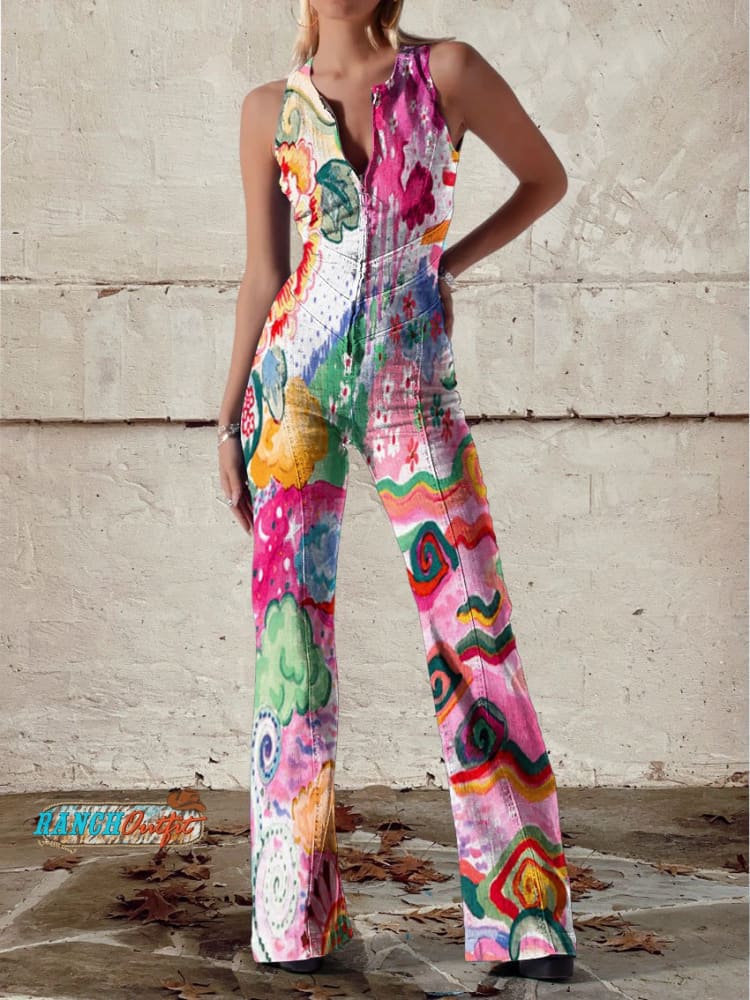 Women’s Vintage Abstract Flower Art Print Casual Denim Jumpsuit Multicolor / Xs